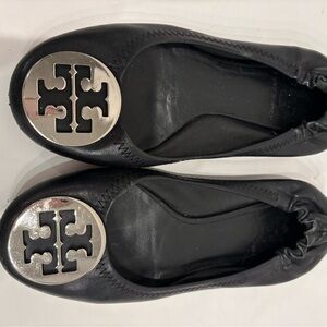 Tory Burch Black Flats with Silver Logo
